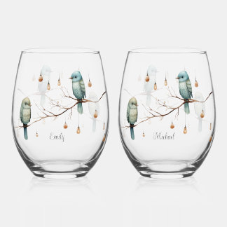 Rustic Woodland Love Birds  Romantic Wedding  Stemless Wine Glass