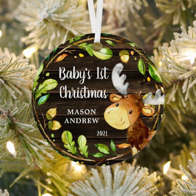 Rustic Woodland Moose Baby's First Christmas Metal Tree Decoration (Insitu)