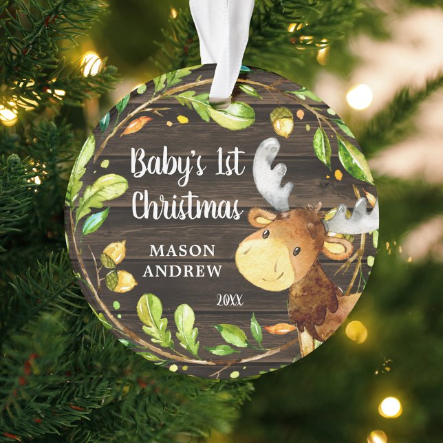 Rustic Woodland Moose Baby's First Christmas Ornament (Creator Uploaded)
