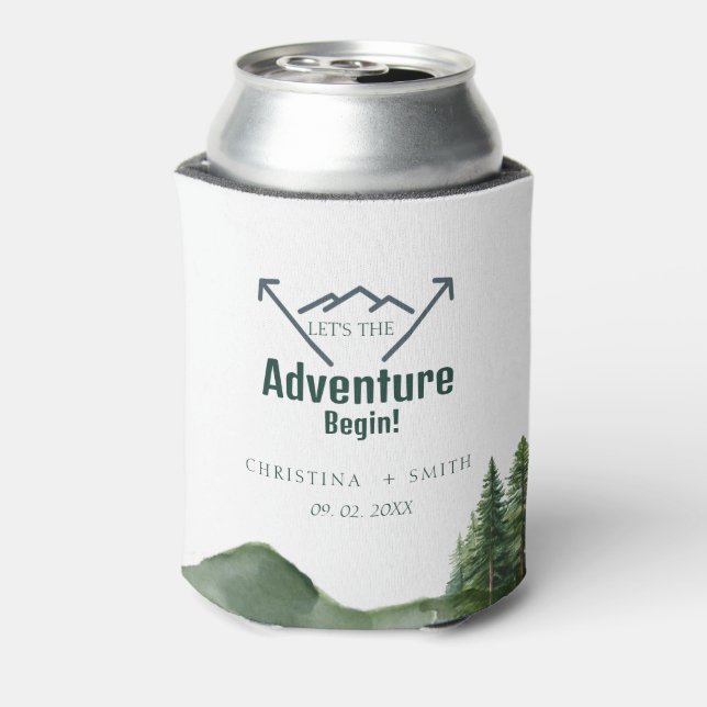 Rustic Woodland Mountain Forest Pine Wedding Can Cooler (Can Back)
