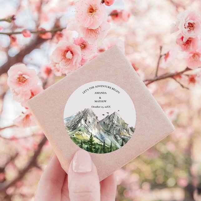Rustic Woodland Mountain Forest Pine Wedding Classic Round Sticker (Creator Uploaded)