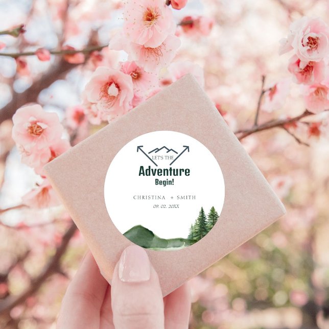 Rustic Woodland Mountain Forest Pine Wedding Classic Round Sticker (Creator Uploaded)