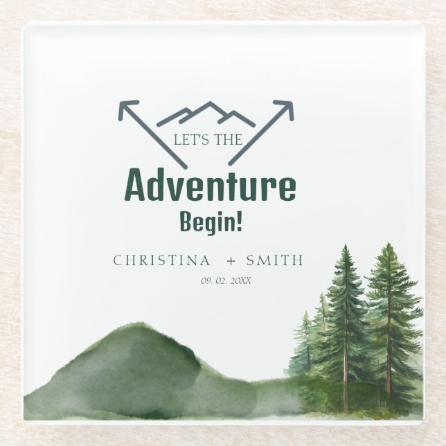 Rustic Woodland Mountain Forest Pine Wedding Glass Coaster (Front)