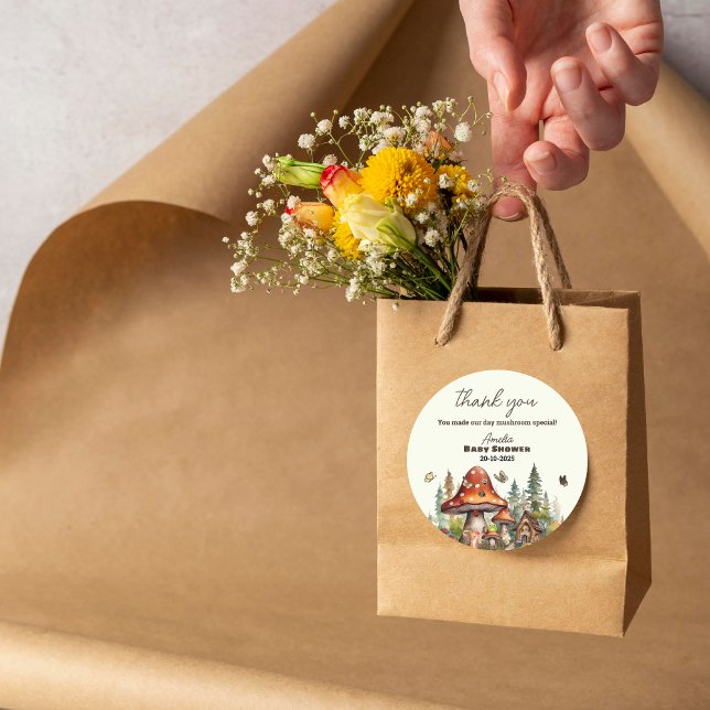 Rustic Woodland Mushroom Baby Shower Fall Thanks Classic Round Sticker (mushroom food, rustic fall tent, forest animal party labels, woodland buffet autumn, fall)