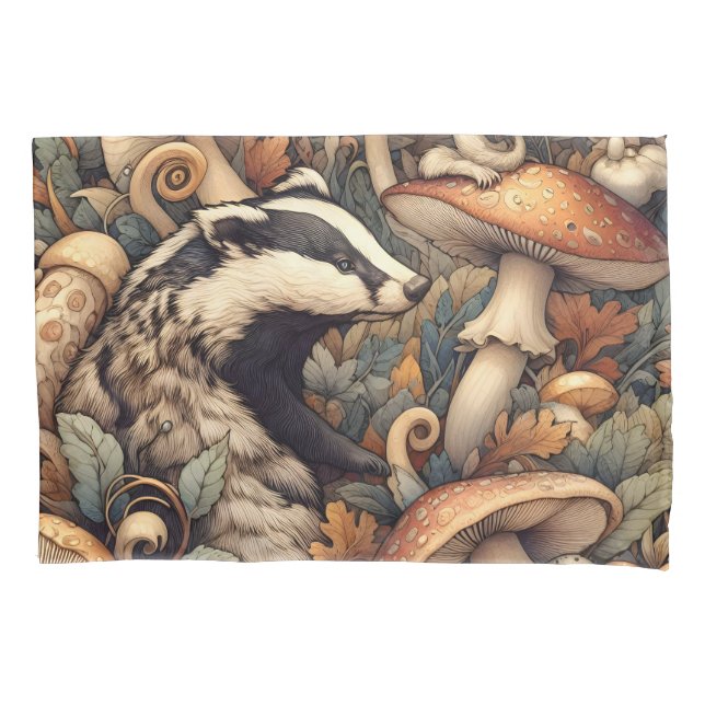 Rustic Woodland Mushrooms Badger Wild Nature  Pillowcase (Front)