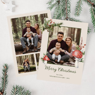 Rustic Woodland Mushrooms Christmas 4 Photo Holiday Card
