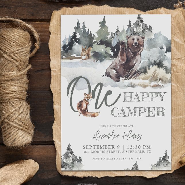 Rustic Woodland One Happy Camper Birthday Invitation (Creator Uploaded)