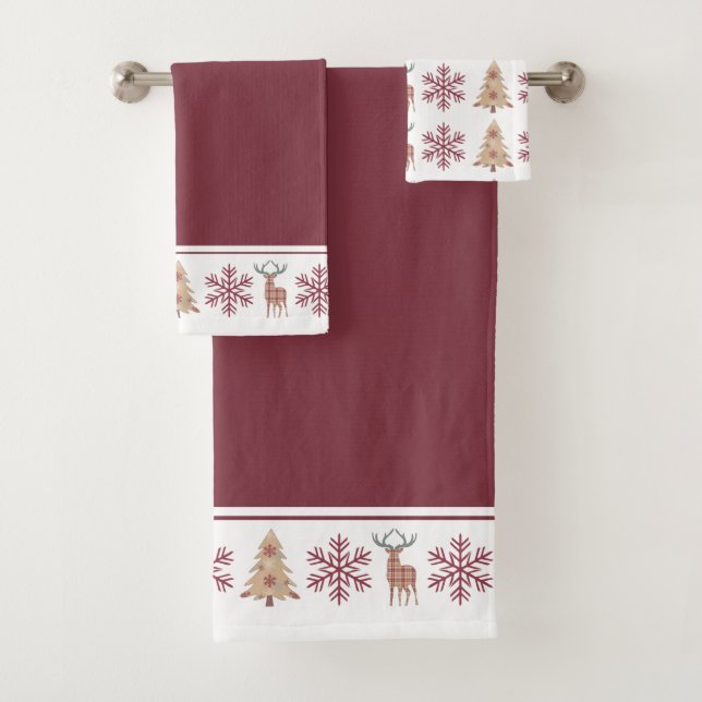 Rustic Woodland Pattern Maroon Tan Christmas Bath Towel Set (Insitu)