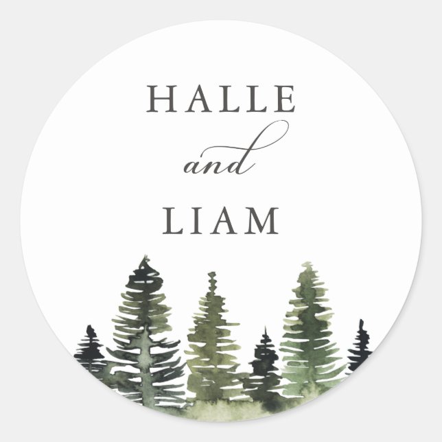 Rustic Woodland Pine Tree Wedding Classic Round Sticker (Front)