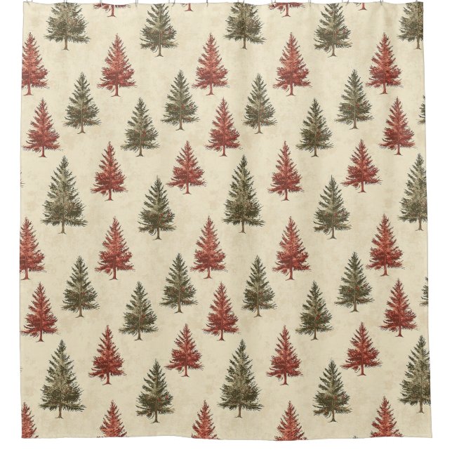 Rustic Woodland Pine Trees Olive Terracotta Cream Shower Curtain (Front)