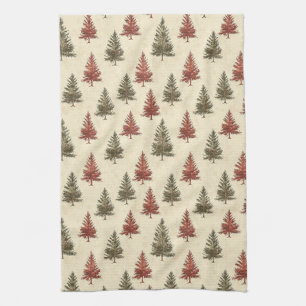 Rustic Woodland Pine Trees Olive Terracotta Cream Tea Towel