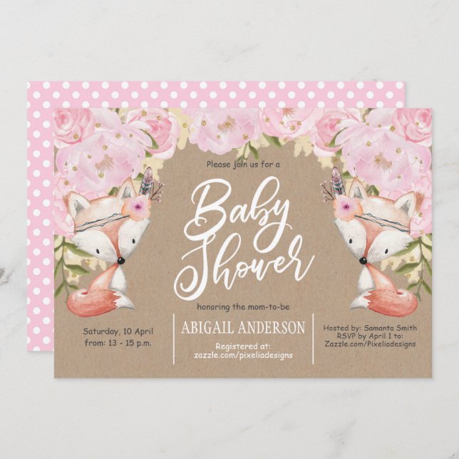 Rustic, Woodland , Pink Floral, baby Girl Shower Invitation (Front/Back)