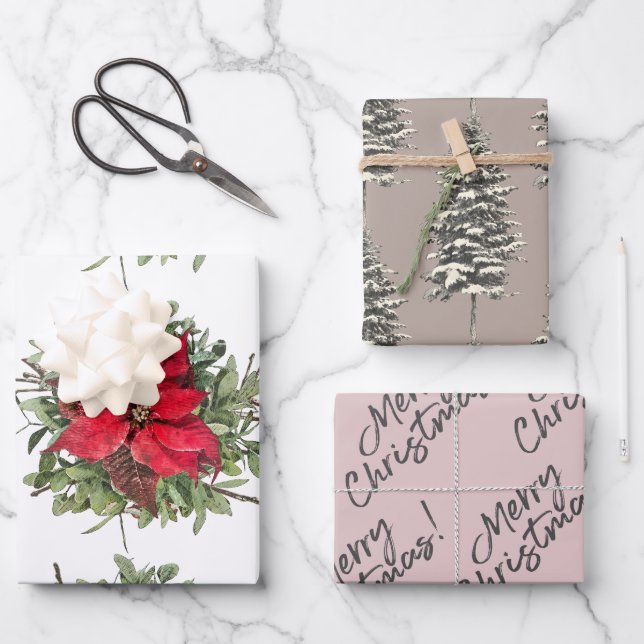Rustic Woodland Poinsettia Merry Christmas Wrapping Paper Sheet (Front)