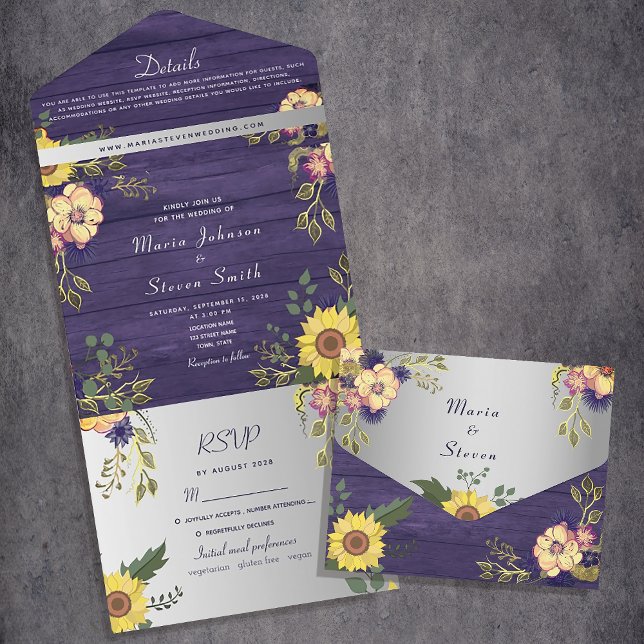 Rustic Woodland Purple Floral Wedding All In One Invitation (Creator Uploaded)