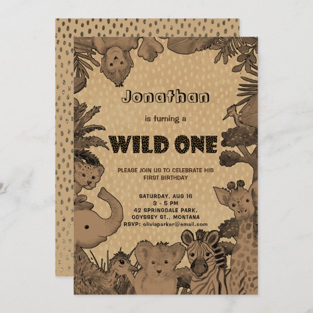 Rustic Woodland Rain Forest Animals Brown Kraft Invitation (Front/Back)