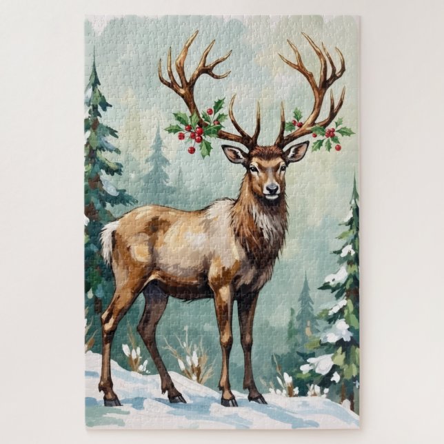 Rustic Woodland Reindeer Elegant Christmas Art Jigsaw Puzzle (Vertical)
