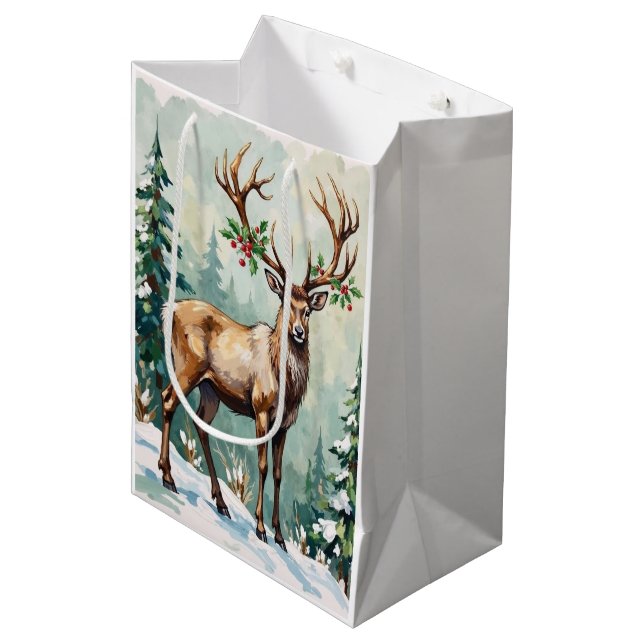 Rustic Woodland Reindeer Elegant Christmas Art Medium Gift Bag (Front Angled)