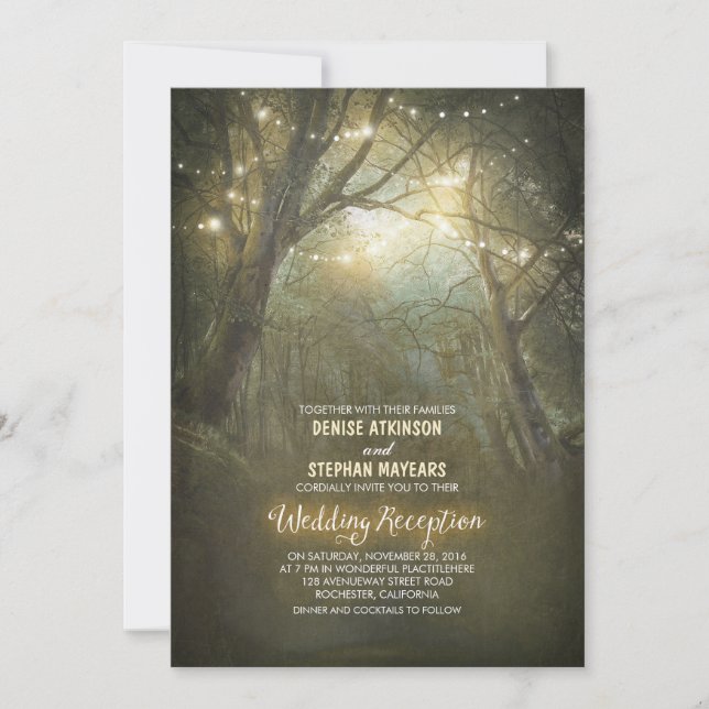 Rustic Woodland String Lights Wedding Reception Invitation (Front)