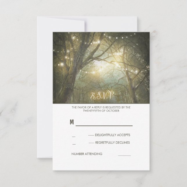 Rustic Woodland String Lights Wedding RSVP Card (Front)