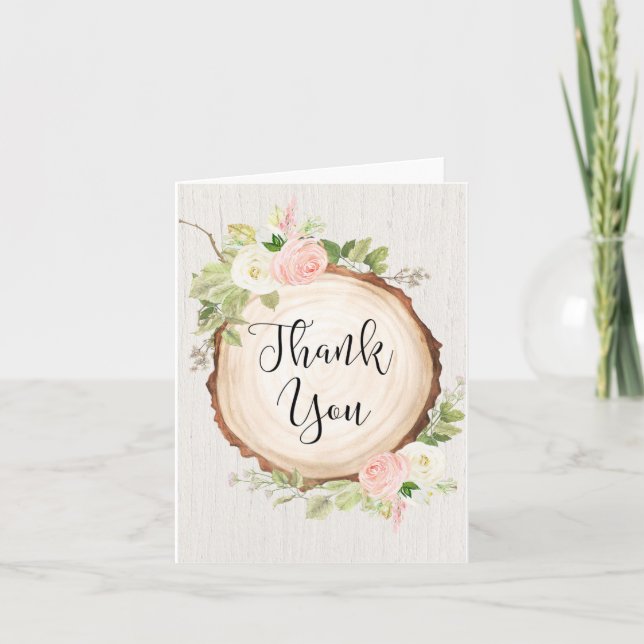 Rustic woodland theme forest blush pink floral thank you card (Front)