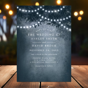 Rustic Woodland Tree String Lights Navy Wedding Invitation