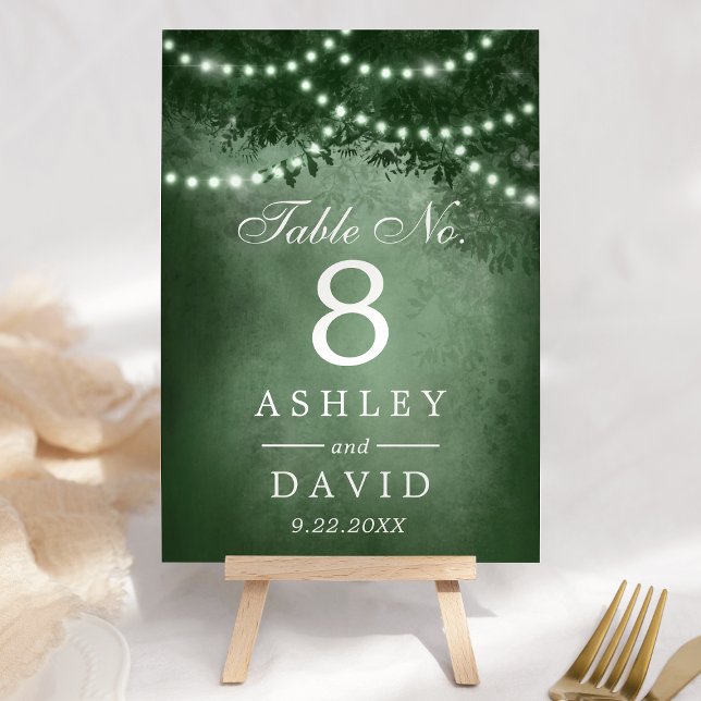 Rustic Woodland Tree String Of Lights Green Table Number (Creator Uploaded)