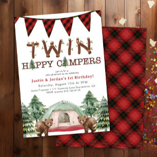Rustic Woodland Twins One Happy Camper Birthday Invitation
