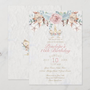 Rustic Woodland Unicorn Blush Pink Rose Invitation