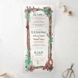 Rustic Woodland Watercolor Forest Wedding Tri-Fold Invitation
