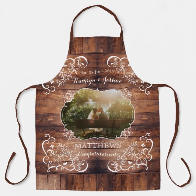 Rustic Woodland Wedding Photo Wood Panel Monogram Apron (Front)