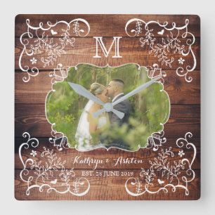 Rustic Woodland Wedding Photo Wood Panel Monogram Square Wall Clock