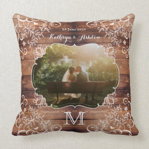 Rustic Woodland Wedding Photo Wood Panel Vintage Cushion