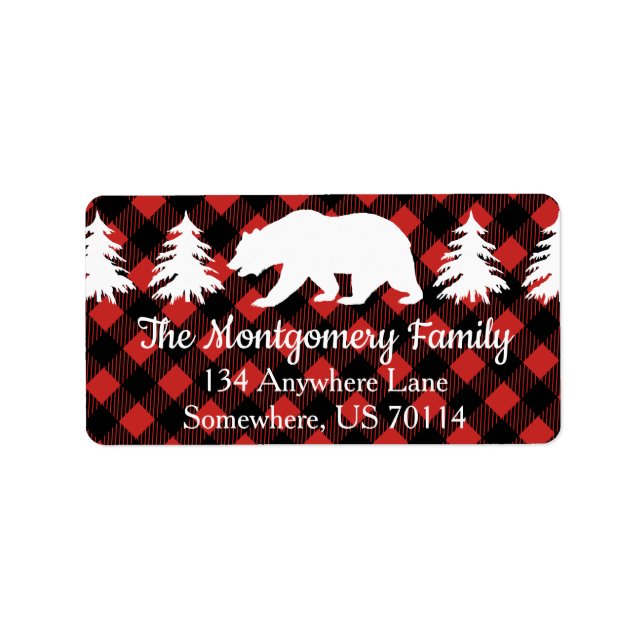 Rustic Woodland White Bear & Buffalo Check Plaid Label (Front)