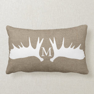 Rustic Woodland White Moose Antlers Faux Burlap Lumbar Cushion