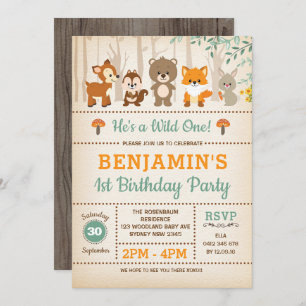 Rustic Woodland Wild One Forest Animals Birthday Invitation