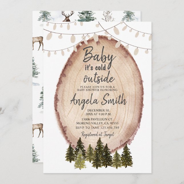 Rustic Woodland Winter Baby Shower String Lights Invitation (Front/Back)