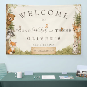 Rustic Woodland Young Wild and Three 3rd Birthday Banner