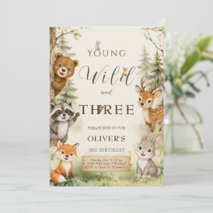 Rustic Woodland Young Wild and Three 3rd Birthday Invitation