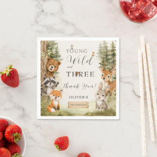 Rustic Woodland Young Wild and Three 3rd Birthday Napkin