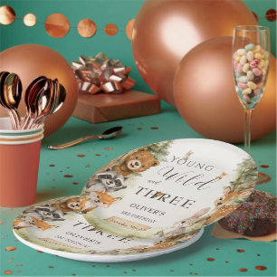 Rustic Woodland Young Wild and Three 3rd Birthday Paper Plate