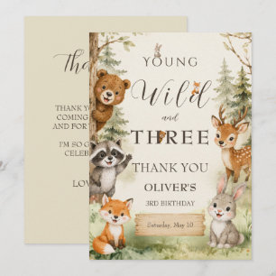 Rustic Woodland Young Wild and Three 3rd Birthday Thank You Card