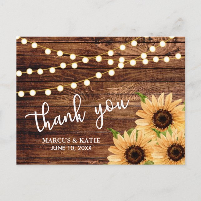 Rustic Woods and Sunflowers Wedding Thank you Postcard (Front)