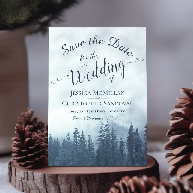 Rustic Woods Blue Mountain Pine Trees Wedding Save The Date (Creator Uploaded)