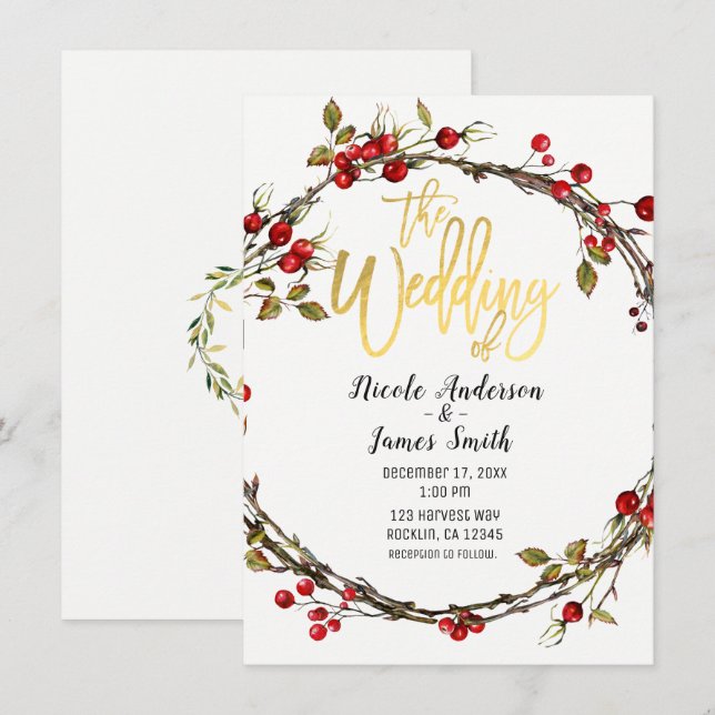 Rustic Woods Cranberry Berry Wreath Modern Wedding Invitation (Front/Back)