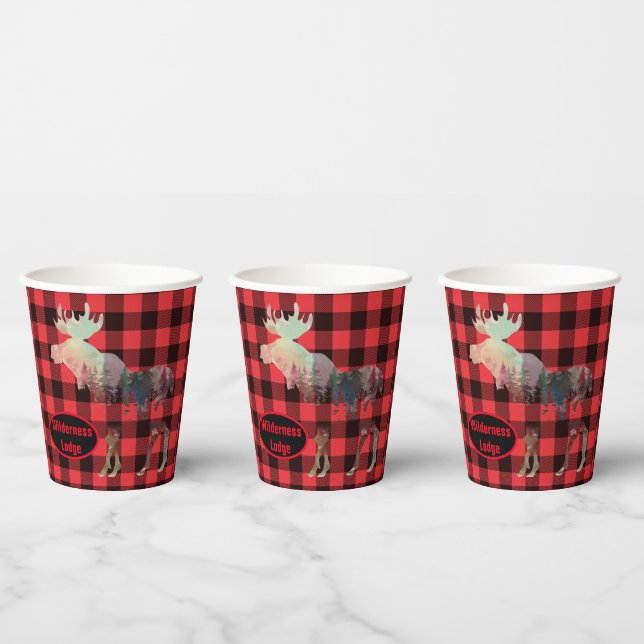 Rustic Woods Moose Red Plaid Add Name  Paper Cups (Multi)