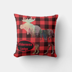 Rustic Woods Moose Red Plaid Add Name Throw Pillow