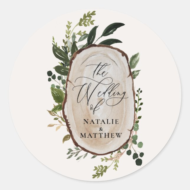 Rustic WoodSlice Greenery Botanical Wedding Rustic Classic Round Sticker (Front)