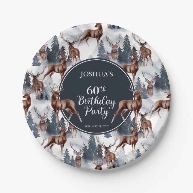 Rustic Woodsy Deer | Forest 60th Birthday Party Paper Plate (Front)