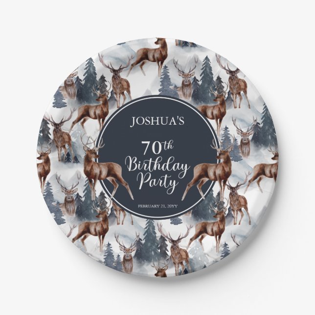 Rustic Woodsy Deer | Forest 70th Birthday Party Paper Plate (Front)