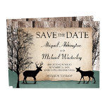 Rustic Woodsy Deer Save the Date Cards<br><div class="desc">Rustic woodsy deer save the date cards, exclusively designed by Artistically Invited, with silhouettes of a buck deer with antlers, a doe, and winter trees over a wood background and a faded hunter green design at the bottom. Your personalized wedding save the date details are custom printed over a tattered...</div>